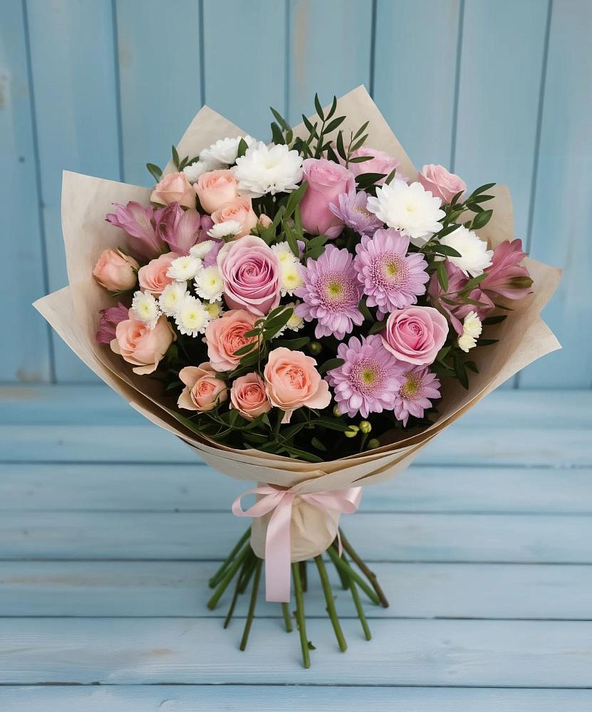 Букет цветов из: Хризантемы, Розы и Альстромерии в Ореховке