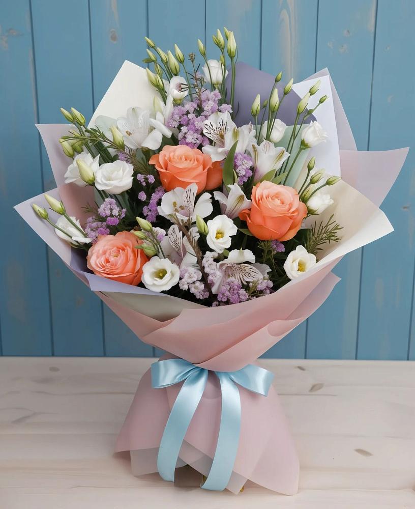 Букет цветов из: Лизиантусы, Розы, Альстромерии и Гипсофила в Ореховке