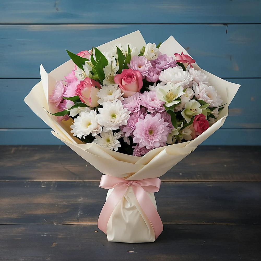 Букет цветов из: Хризантемы, Альстромерии и Розы в Ореховке